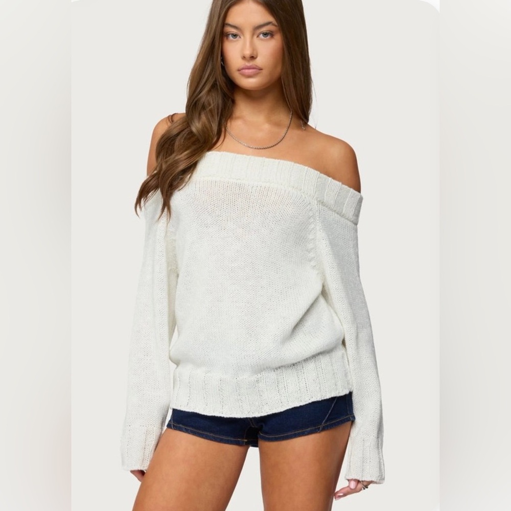 Edikted Noemi Off-Shoulder White Women's Sweater Medium Fall